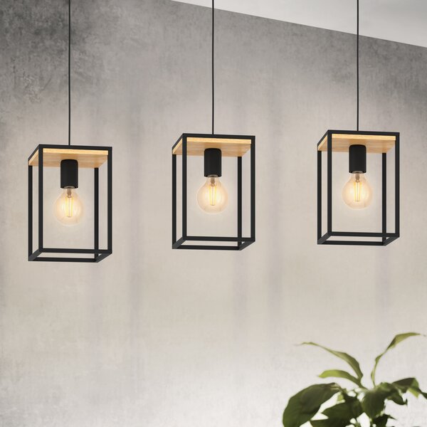 EGLO Lumină suspendată Libertad, lungime 88 cm, negru/lemn, 3 lumini., reglabil, Negru, Camera de zi / sufragerie, Metal, Modern