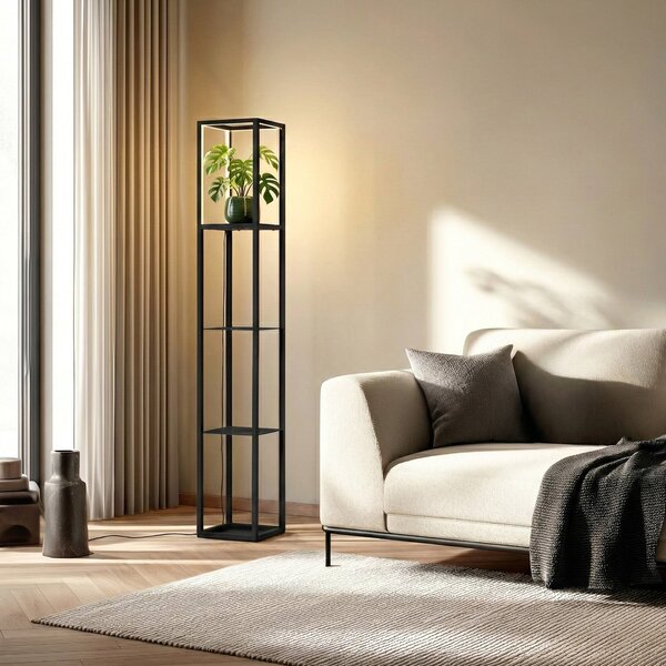 Lindby Lampadar LED Birta, raft, 155 cm, negru, metal, reglabil, Negru, Camera de zi / sufragerie, Metal, Modern
