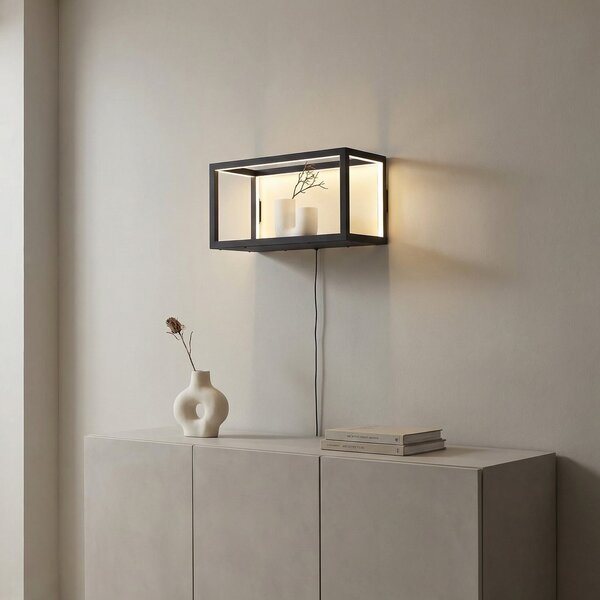 Lindby Aplică de perete LED Birta, priză, raft, 51 cm, USB, reglabil, Negru, Camera de zi / sufragerie, Metal, Modern