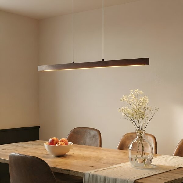 Lucande Lampă suspendată LED Nihalo, nuc, 122 cm, dimabil, CCT, reglabil, Lemn, Camera de zi / sufragerie, Lemn, Casă de țară / Rustic