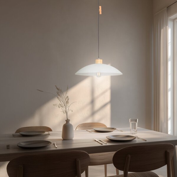 ONLI Lampă suspendată OHANA, sticlă opală, lemn de stejar, Ø 40 cm, E27, reglabil, Alb, Camera de zi / sufragerie, Sticlă, Scandinavă