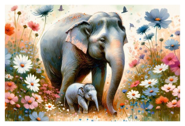 Tablou - Mama elefant, acuarelă (90x60 cm)