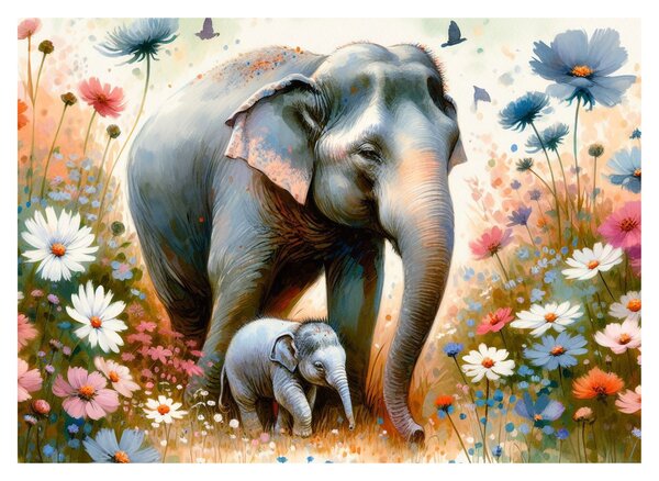 Tablou - Mama elefant, acuarelă (70x50 cm)