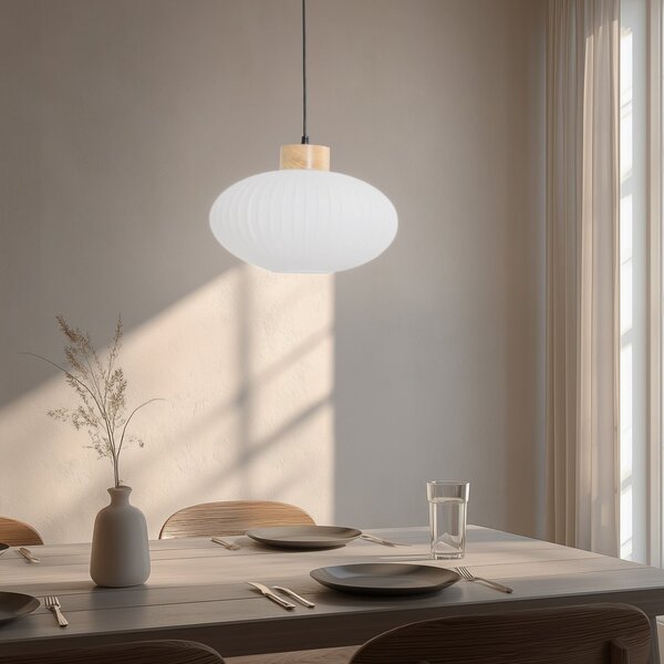 Lamkur Lampă suspendată Harmony, Ø 25 cm, alb/stejar, sticlă/lemn, reglabil, Alb, Camera de zi / sufragerie, Sticlă, Scandinavă