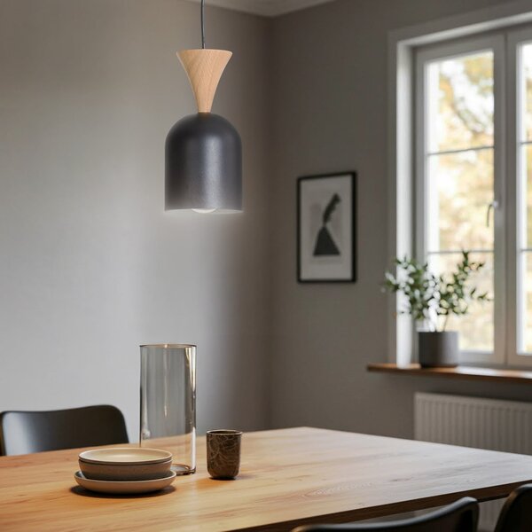 Lamkur Lampă suspendată Nolan, Ø 11 cm, negru/stejar, metal/lemn, reglabil, Negru, Camera de zi / sufragerie, Metal, Scandinavă