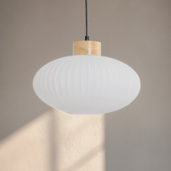 Lamkur Lampă suspendată Harmony, Ø 25 cm, alb/stejar, sticlă/lemn, reglabil, Alb, Camera de zi / sufragerie, Sticlă, Scandinavă