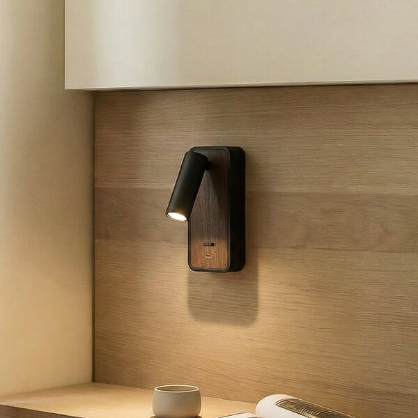 Lindby Aplică de perete LED Tallis, negru, USB-C, mobilă, Negru, dormitor, Metal, Modern