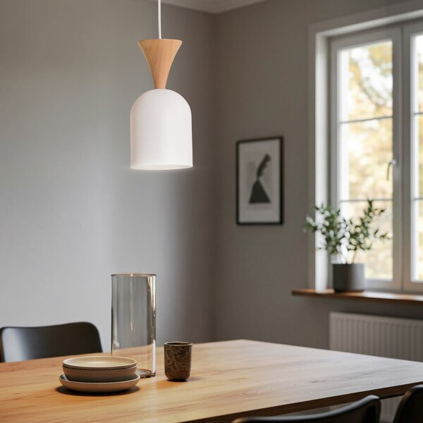 Lamkur Lampă suspendată Nolan, Ø 11 cm, alb/stejar, metal/lemn, reglabil, Alb, Camera de zi / sufragerie, Metal, Scandinavă