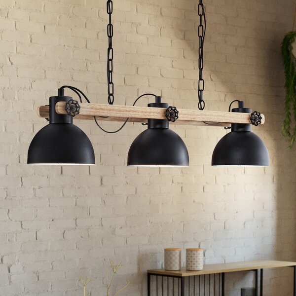 EGLO Lampă suspendată Lubenham, negru/lemn deschis, lungime 90 cm, 3 becuri., reglabil, Lemn, Camera de zi / sufragerie, Metal