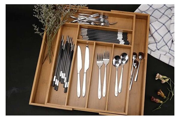 Organizator tacamuri, 8 compartimente, sertar glisant, bambus/MDF, 50x45,5x4,6 cm, maro