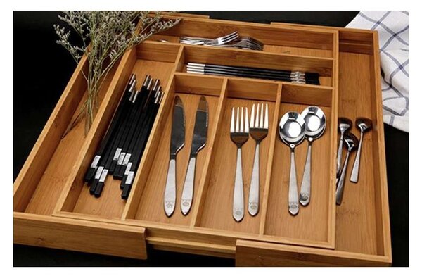 Organizator tacamuri, 8 compartimente, sertar glisant, bambus/MDF, 50x45,5x4,6 cm, maro