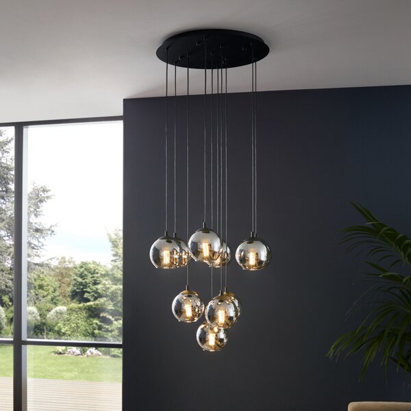 EGLO Lampă suspendată Ariscani, negru, Ø 65 cm, oțel/glass, 10 becuri., reglabil, Negru, Camera de zi / sufragerie, Sticlă