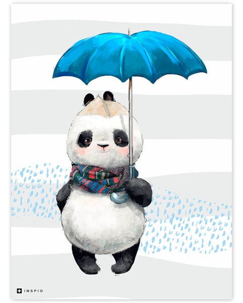 Pictură în camera pentru copii cu Panda cu o umbrelă albastră