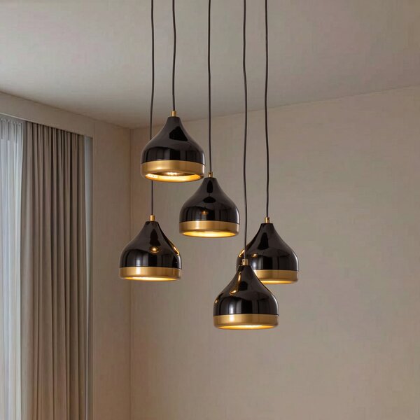 Opviq Lampă suspendată Yildo, 5 becuri, rotundă, negru/auriu, Ø43 cm, reglabil, Negru, Camera de zi / sufragerie, Metal, Modern