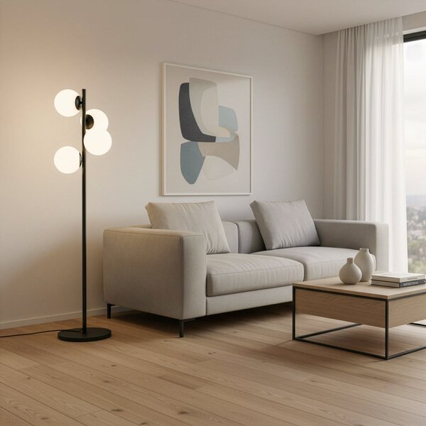 Opviq Lampadar Faze, negru, sticlă, înălțime 130 cm, 4 becuri, E27, Negru, Camera de zi / sufragerie, Sticlă