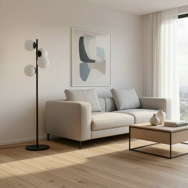 Opviq Lampadar Faze, negru, sticlă, înălțime 130 cm, 4 becuri, E27, Negru, Camera de zi / sufragerie, Sticlă
