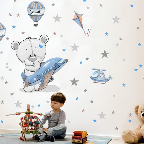Sticker perete pentru băieți - Ursuleț cu avion albastru