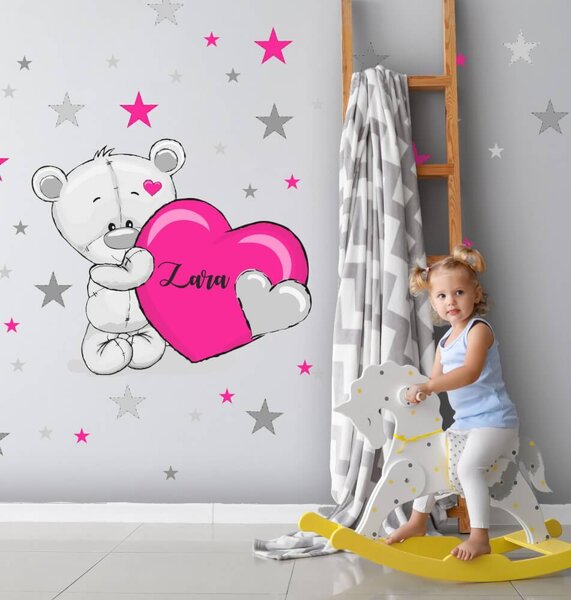 Autocolant de perete color - Ursuleț gri-roz cu stele și nume