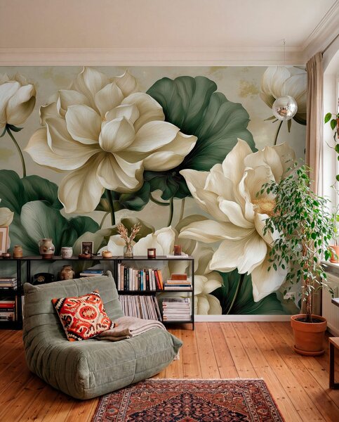 Tapet Lotus în crem, Fototapet Flori, w05746 : Uwalls.ro