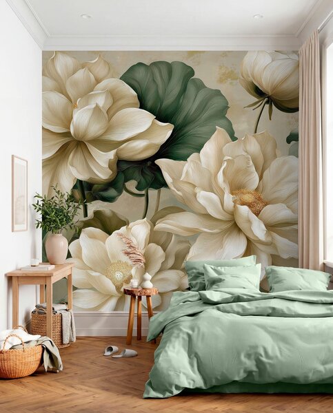 Tapet Lotus în crem, Fototapet Flori, w05746 : Uwalls.ro