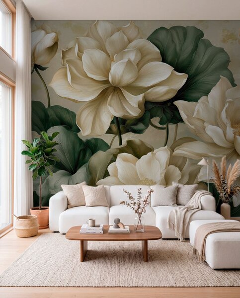 Tapet Lotus în crem, Fototapet Flori, w05746 : Uwalls.ro