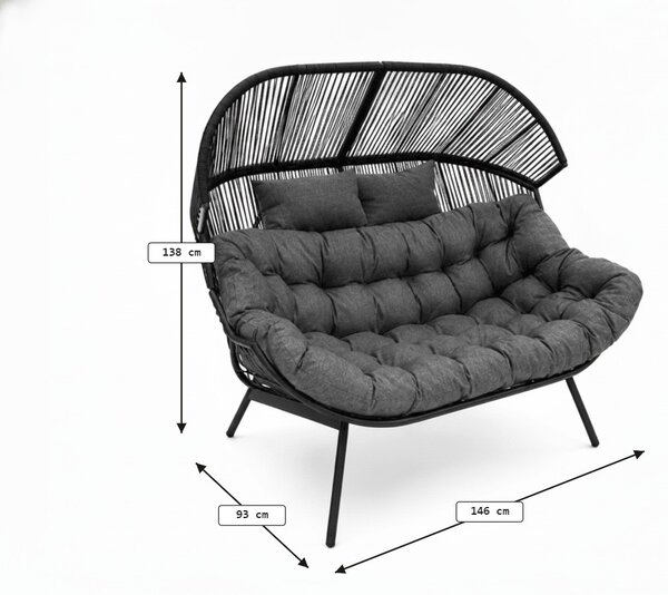 Canapea de gradina AURELO cu doua locuri 146 cm, neagra