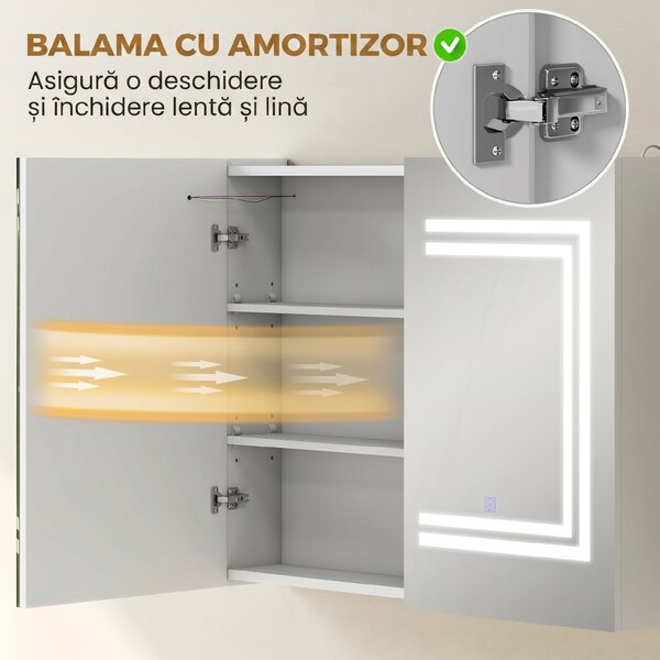 Kleankin Oglindă Baie cu Dulap și LED, 80 x 65cm, Ușă Soft Close, Reglabilă pe 3 Culori, Rafturi Ajustabile, Alb Lucios | Aosom Romania
