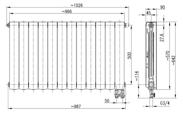KFA Armatura ADR calorifer de cameră 57x96.6 cm podłączenie inferior alb 763-122-44