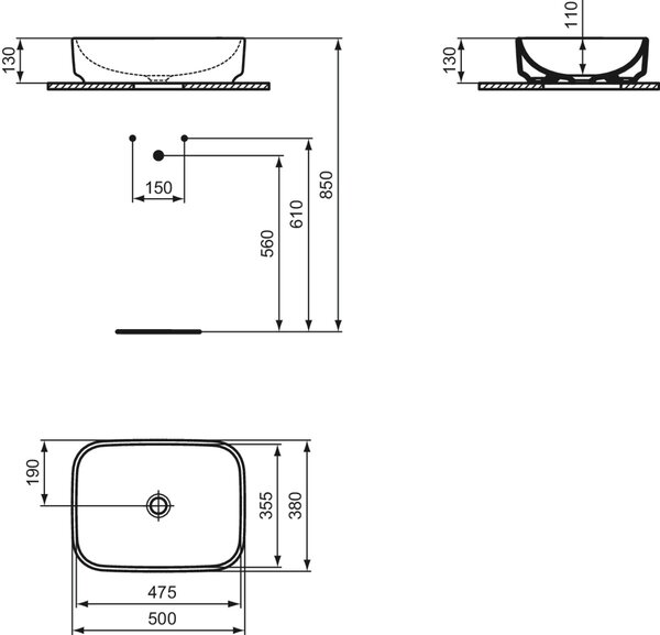 Ideal Standard i.life B lavoar 50x38 cm dreptunghiular de blat alb luciu T572901
