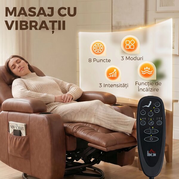 HOMCOM Fotoliu de Masaj Reclinabil Manual 150° cu Încălzire, Telecomandă, Piele PU, Maro Deschis | Aosom Romania