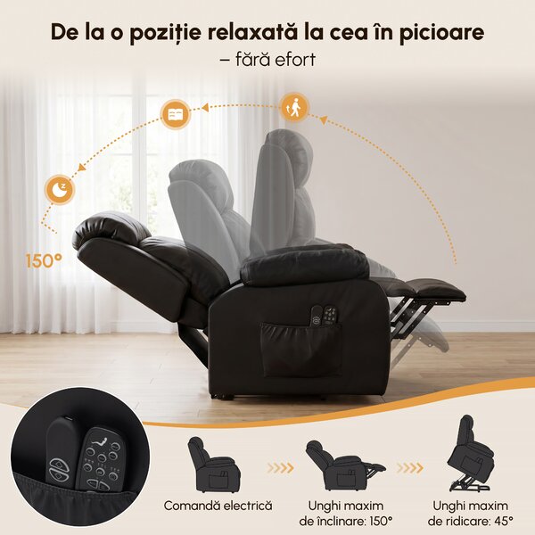 Fotoliu rabatabil HOMCOM cu funcții de masaj și încălzire, cu sistem electric de ridicare, tetieră reglabilă și port USB, din piele ecologică (PU), negru | Aosom Romania