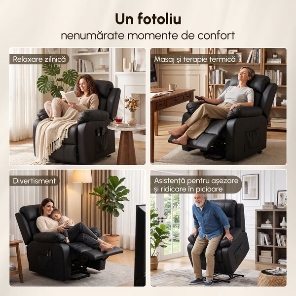 Fotoliu rabatabil HOMCOM cu funcții de masaj și încălzire, cu sistem electric de ridicare, tetieră reglabilă și port USB, din piele ecologică (PU), negru | Aosom Romania