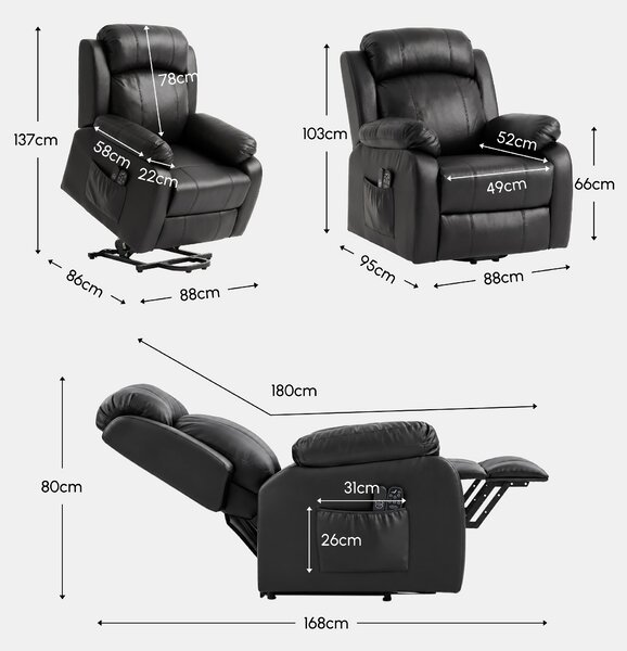 Fotoliu rabatabil HOMCOM cu funcții de masaj și încălzire, cu sistem electric de ridicare, tetieră reglabilă și port USB, din piele ecologică (PU), negru | Aosom Romania
