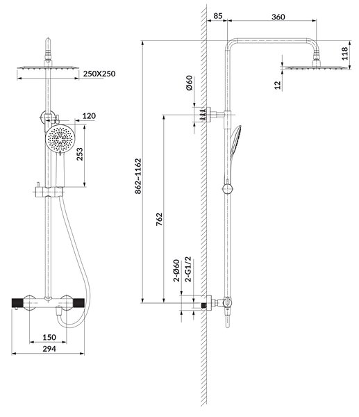 Cersanit Zen set de duș perete cu termostat cu duș de ploaie cupru S951-790