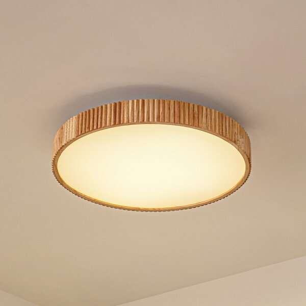 Lindby plafonieră LED Velua, alb/lemn deschis, CCT, Ø 50 cm, reglabil, Lemn, Camera de zi / sufragerie, Lemn, Modern