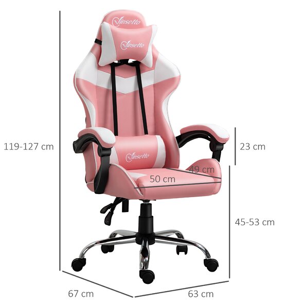 Vinsetto Scaun Gaming Ergonomic Roz, cu Tetieră, Înălțime Ajustabilă, Rabatabil, 63x67x119-127cm, Confort Maxim | Aosom Romania