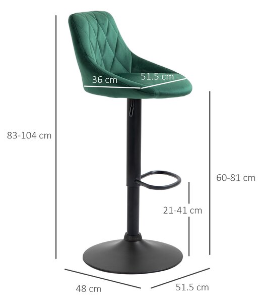 Set 2 Scaune de Bar Pivotante HOMCOM, Efect Catifelat, 51,5x48x83-104cm, Verde | Aosom Romania