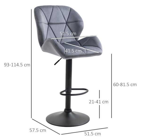 HOMCOM Set de 2 Scaune de Bar cu Înălțime Reglabilă, Bază Metalică și Șezut din Catifea, 51.5x57.5x93-114.5 cm, Gri | Aosom Romania