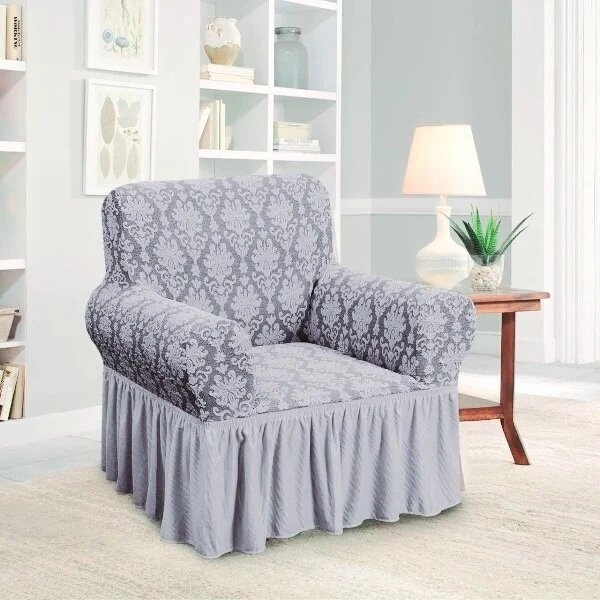 Husa elastica pentru fotoliu, cu volanas si model Jacquard Gri