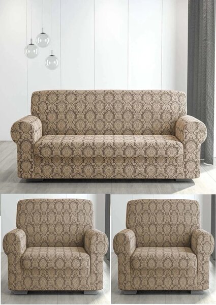 Set huse elastice pentru canapea 3 Locuri si 2 fotolii, fara volanas, model Jacquard Cappuccino