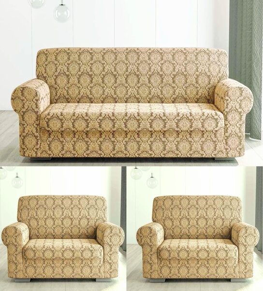Set huse elastice pentru canapea 3 Locuri si 2 fotolii, fara volanas, model Jacquard Bej