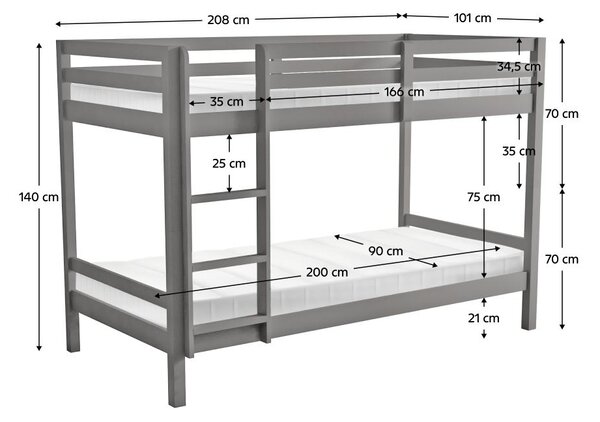 Pat etajat pentru copii 90 cm Invocato (gri) (cu somieră). 1116362