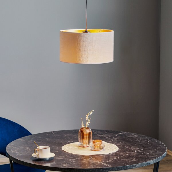 EMIBIG LIGHTING Lampă suspendată Jari cu abajur din pânză 1 bec, alb-auriu, reglabil, Alb, Camera de zi / sufragerie, Țesătură / Textil
