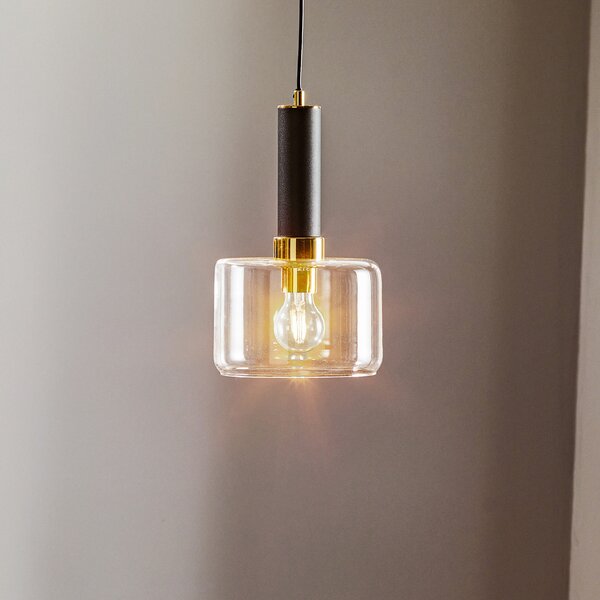 Jupiter Lampă suspendată Viva, transparentă/negru/alamă, 1 bec, reglabil, Transparent, Camera de zi / sufragerie, Sticlă, Modern