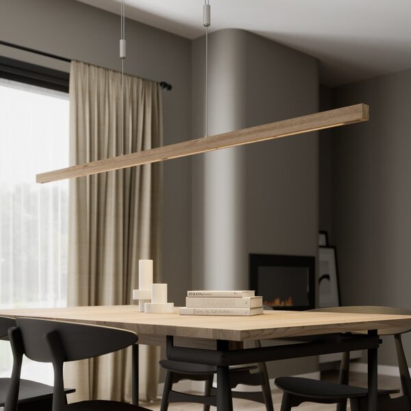 Quitani Lampă suspendată LED Nora, stejar natural, lungime 158 cm, reglabil, Lemn, Camera de zi / sufragerie, Lemn, Modern