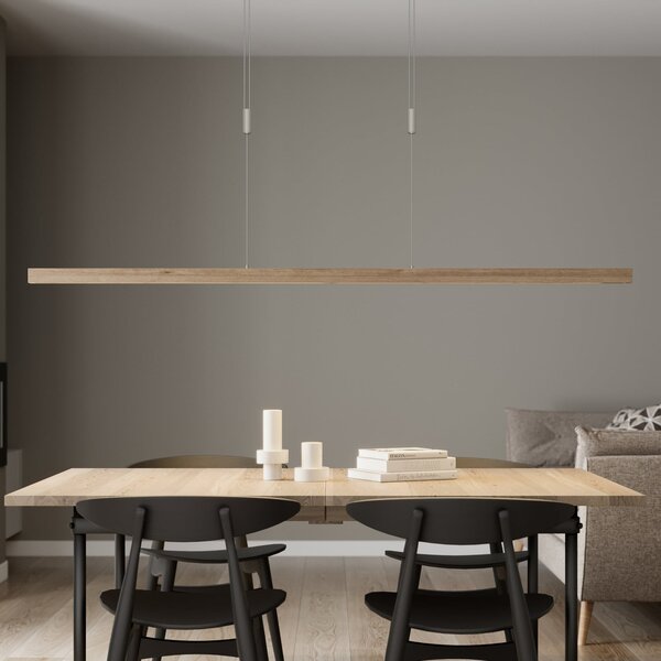 Quitani Lampă suspendată LED Nora, stejar natural, lungime 158 cm, reglabil, Lemn, Camera de zi / sufragerie, Lemn, Modern