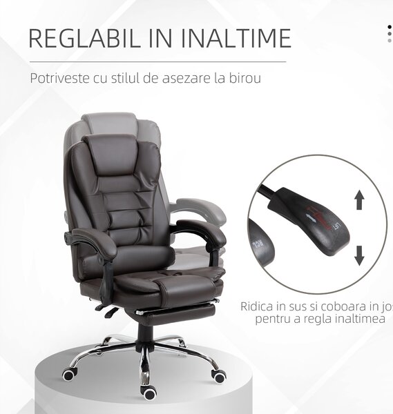 HOMCOM Fotoliu de Birou Rotativ cu Spătar și Înălțime Reglabilă și Suport pentru Picioare, 64,5x69x117 cm, Maro | Aosom Romania