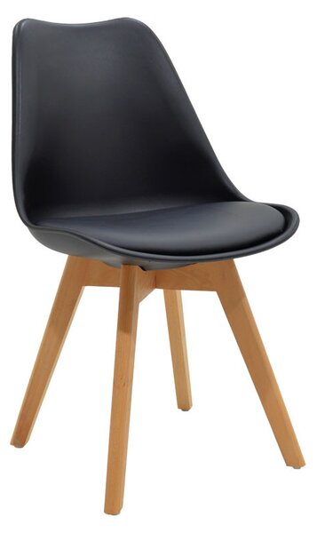 Scaun Gaston plastic - piele ecologica negru - picior culoare lemn natural 53.5x48.5x83cm