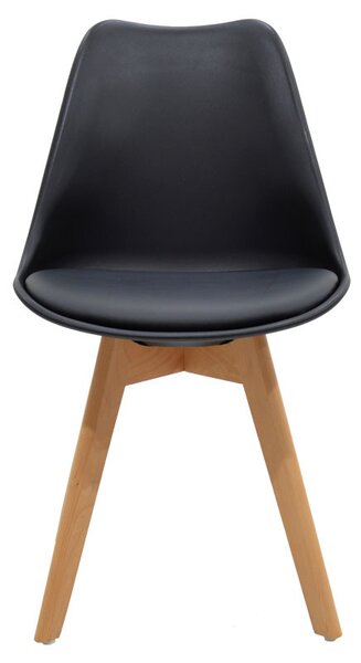 Scaun Gaston plastic - piele ecologica negru - picior culoare lemn natural 53.5x48.5x83cm
