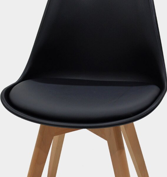 Scaun Gaston plastic - piele ecologica negru - picior culoare lemn natural 53.5x48.5x83cm